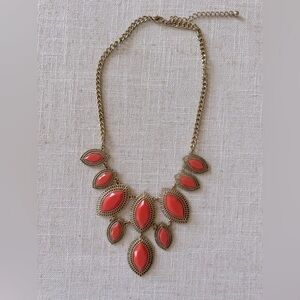 Gold Statement Necklace EUC Coral Gemstone Tribal Boho Bib Adjustable Costume